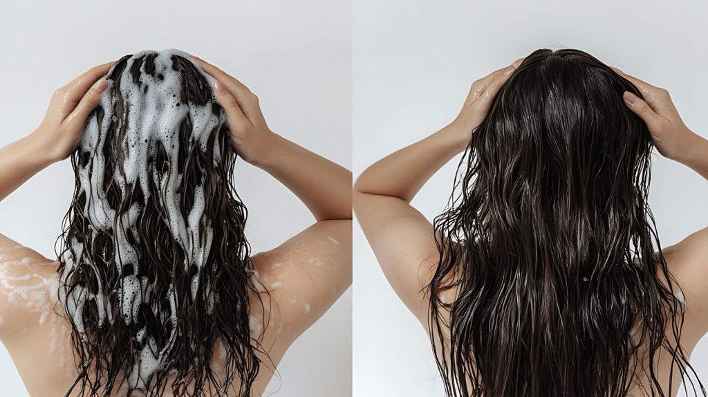 Hair before and after Woman before and after washing her hair with moisturizing shampoo on a white background. Flawless smooth hair after straightening with an iron. Collage, back view. Hair care and treatment concept. before and after