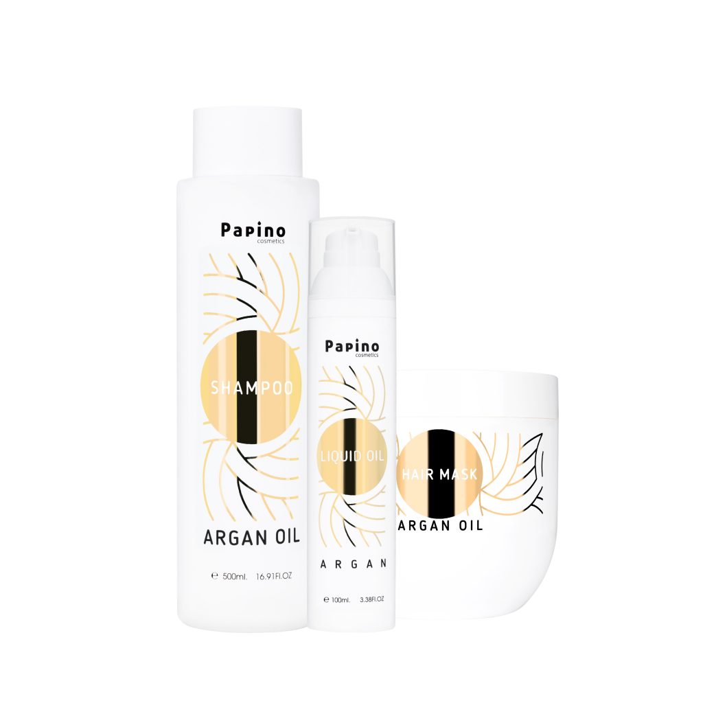 Серия арганово масло шампоан маска за коса течни кеистали Papino cosmetics голям комплект